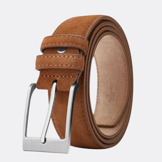 Le monde de la ceinture brown suede men's belt with silver buckle. Soft texture, elegant and comfortable for everyday wear.