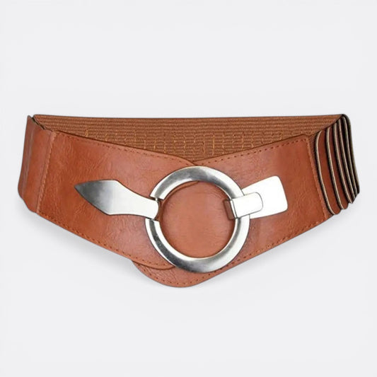 Le monde de la ceinture brown faux leather wide elastic belt with silver circle buckle for women.
