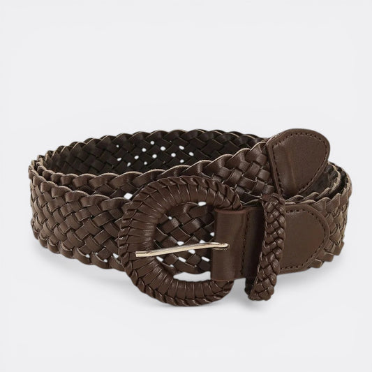 Le monde de la ceinture brown woven leather belt with large circular buckle, perfect for dresses.