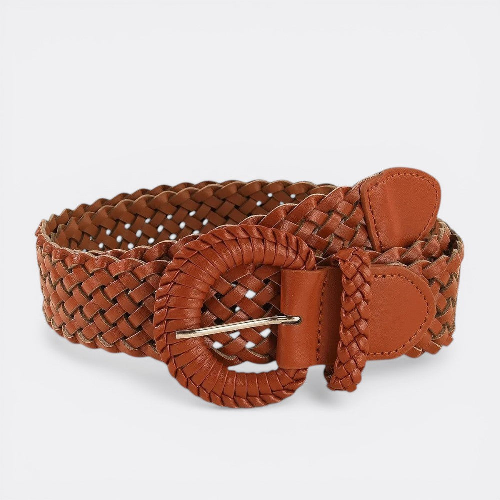 Le monde de la ceinture brown woven leather belt with large round buckle for women's dresses.