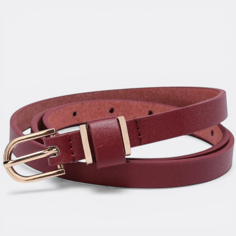 Le monde de la ceinture fine burgundy leather belt with gold ardillon buckle, perfect for dresses and trousers.