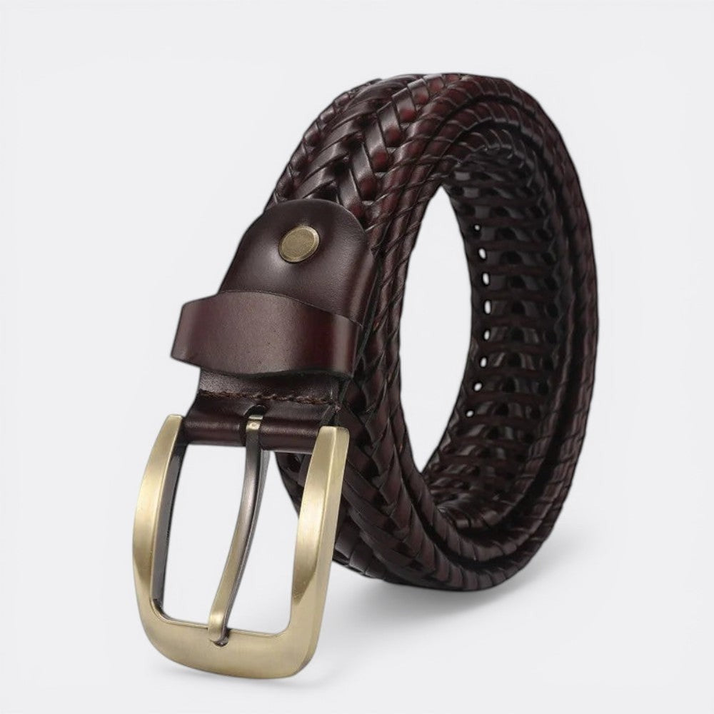 Le monde de la ceinture brown braided leather belt with gold buckle.