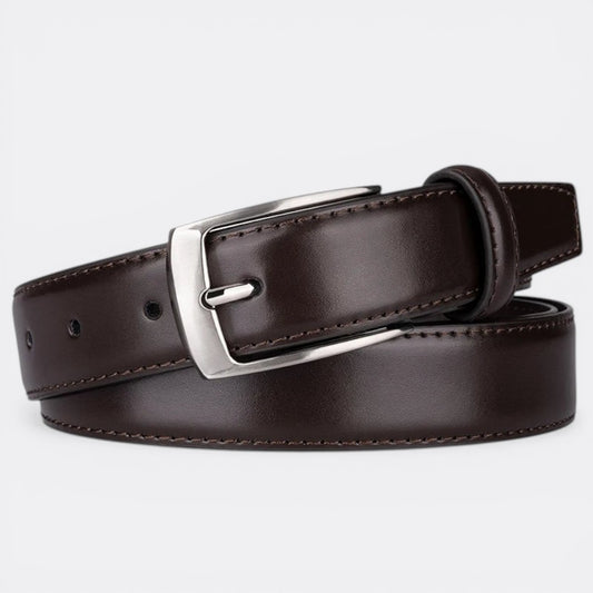 Le monde de la ceinture men's dark brown leather belt with silver buckle, ideal for formal and casual wear.