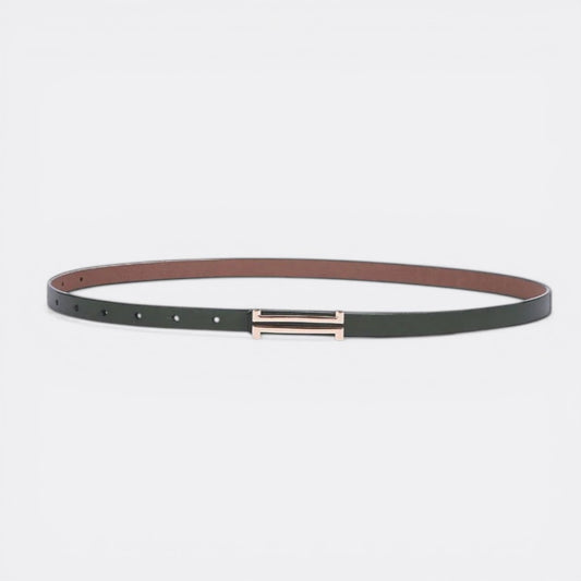 Le monde de la ceinture dark green leather skinny belt with gold buckle detail. A chic accessory to cinch the waist and add polish.