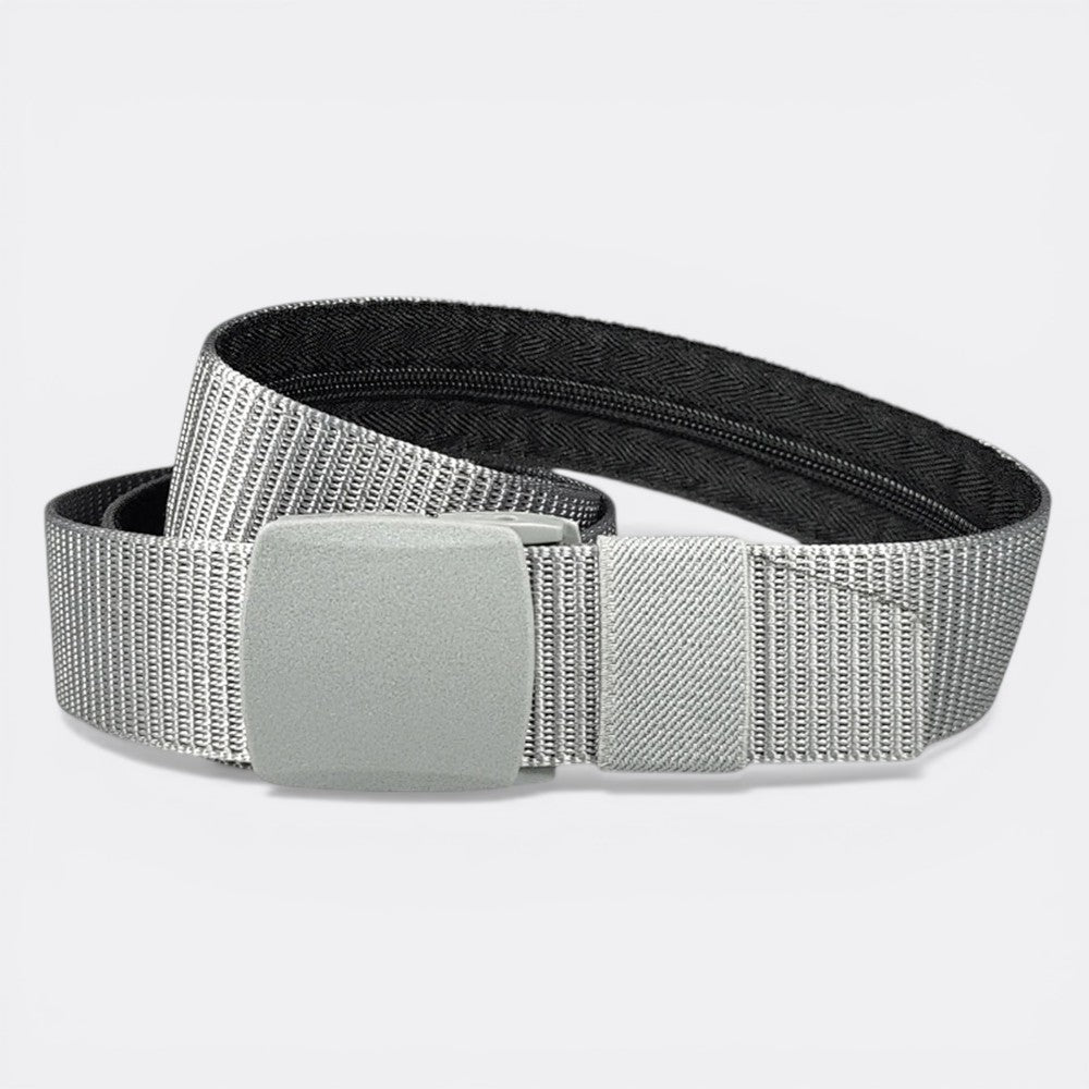 Le monde de la ceinture grey nylon travel belt with hidden zipper compartment and plastic buckle.