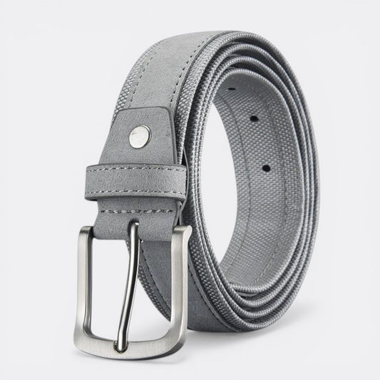 Le monde de la ceinture grey bicolore leather and canvas men's belt with silver buckle.