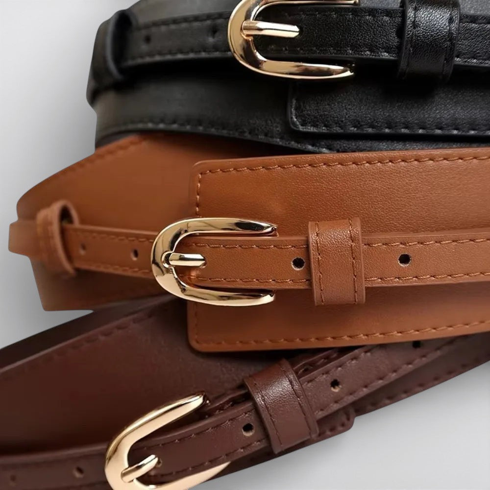 Le monde de la ceinture women's high-waisted leather belt with gold buckle, available in black, brown, and tan.