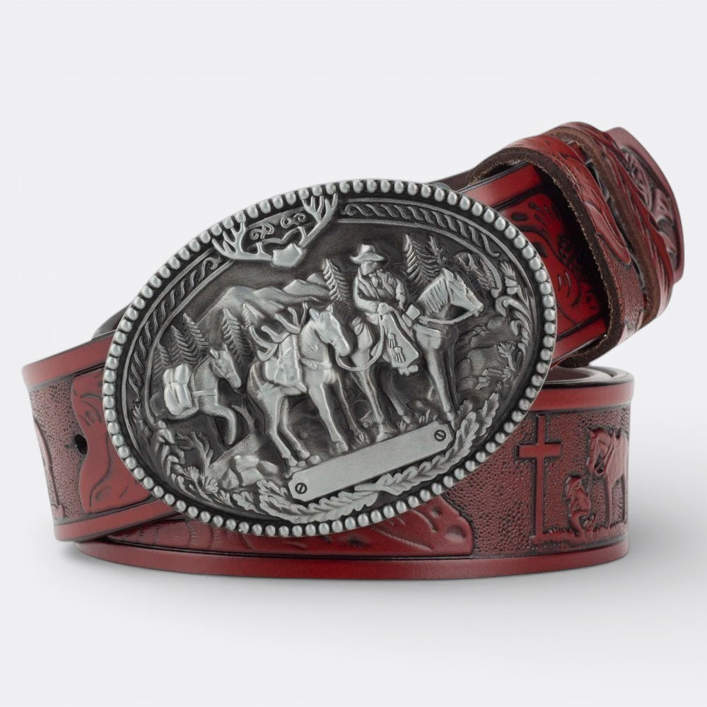 Le monde de la ceinture men's vintage leather belt with ornate buckle featuring cowboys on horses and embossed western motifs.
