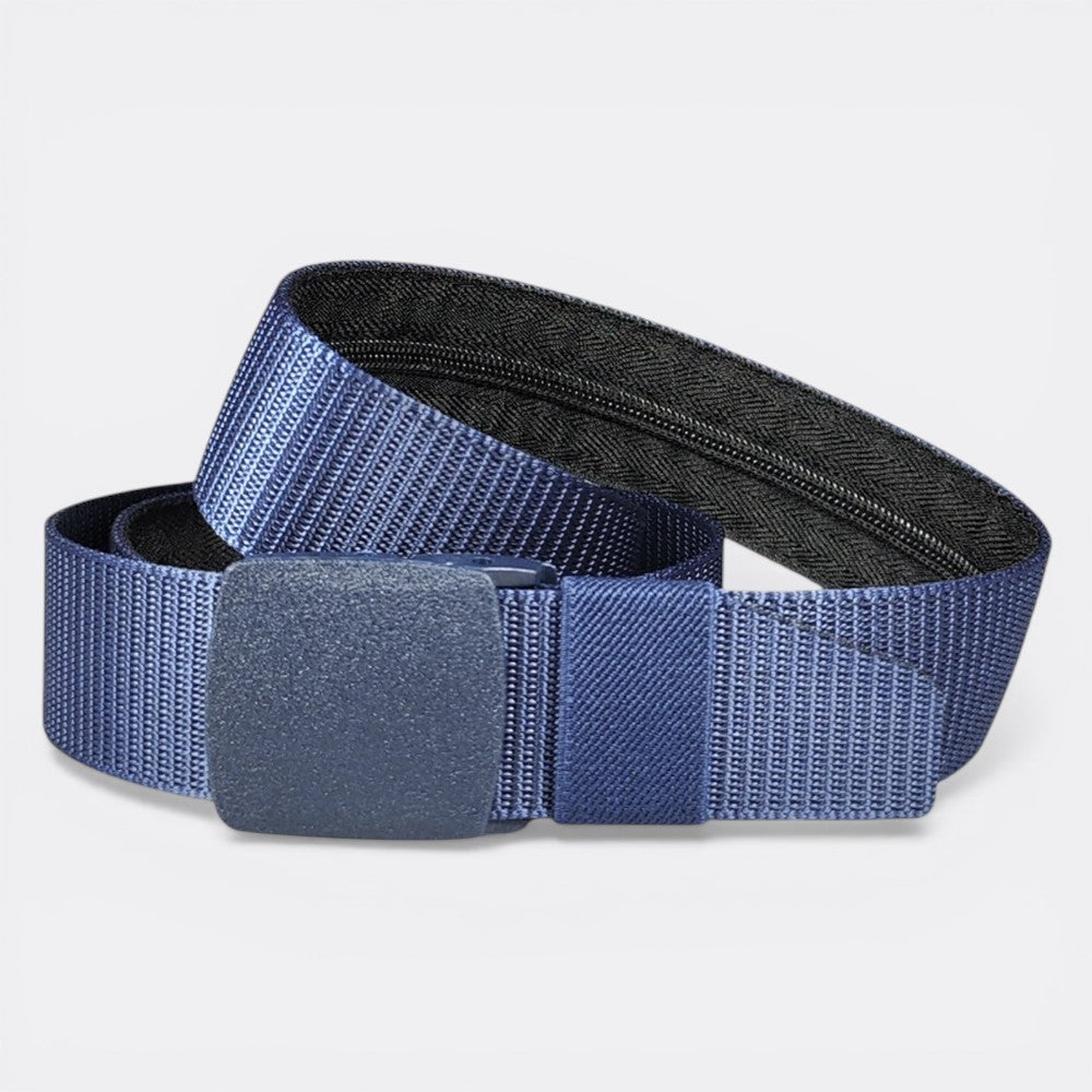 Le monde de la ceinture navy blue nylon travel belt with hidden zipper compartment and plastic buckle.