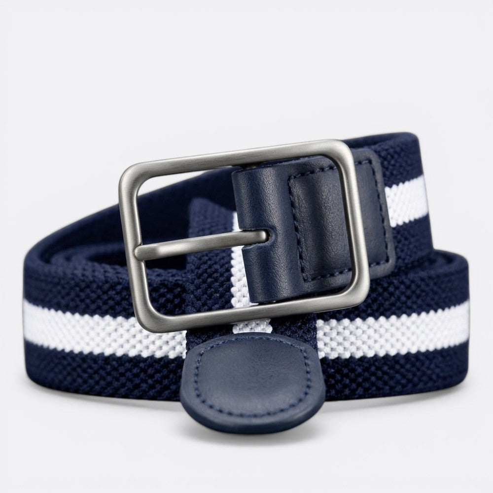 Le monde de la ceinture navy blue and white striped elastic belt with silver buckle and leather details.
