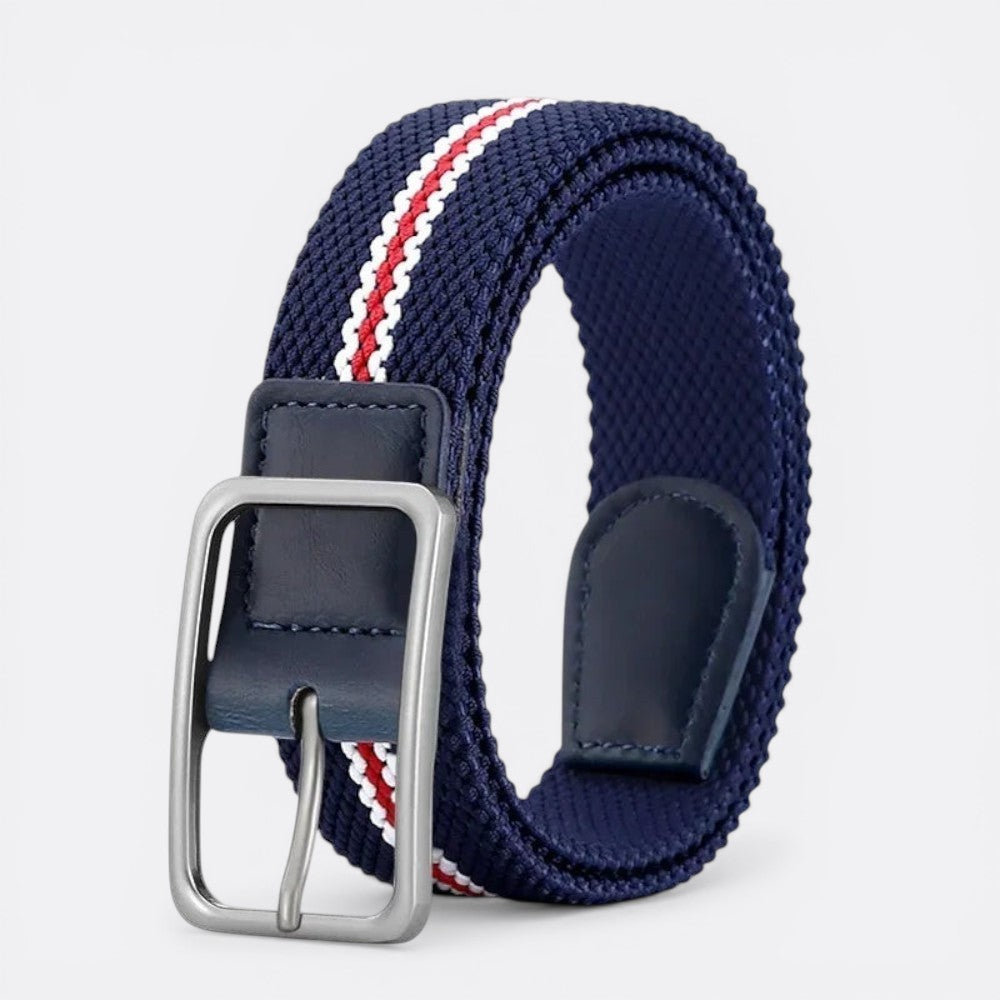 Le monde de la ceinture navy blue woven belt with red and white stripes and silver buckle.