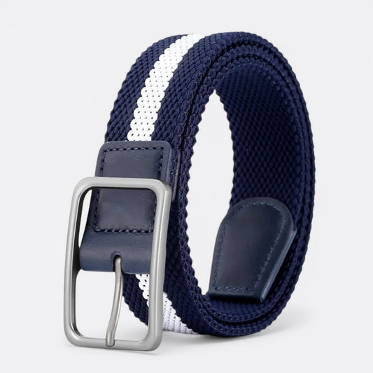 Le monde de la ceinture navy blue elastic belt with white stripe detail and silver buckle.