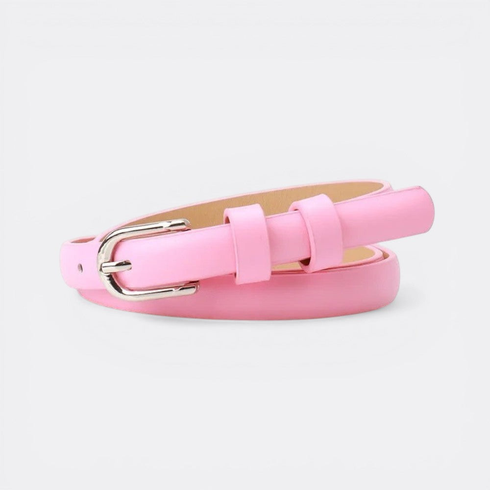 Le monde de la ceinture pink leather belt for women with silver buckle. Thin and elegant accessory.