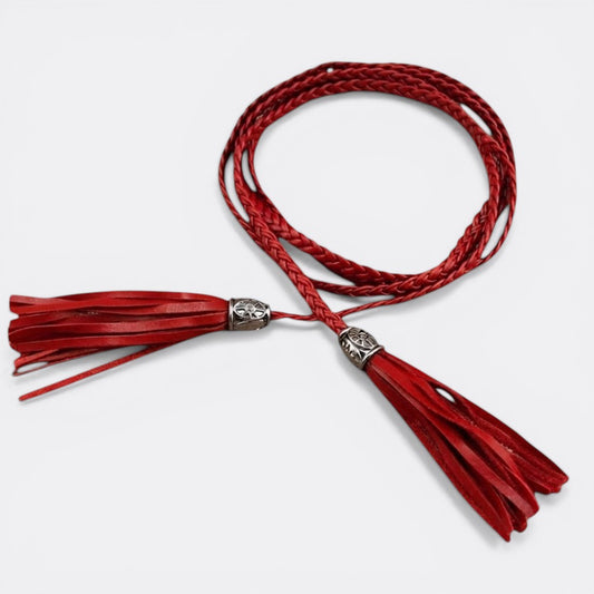 Le monde de la ceinture red braided leather tassel belt for women