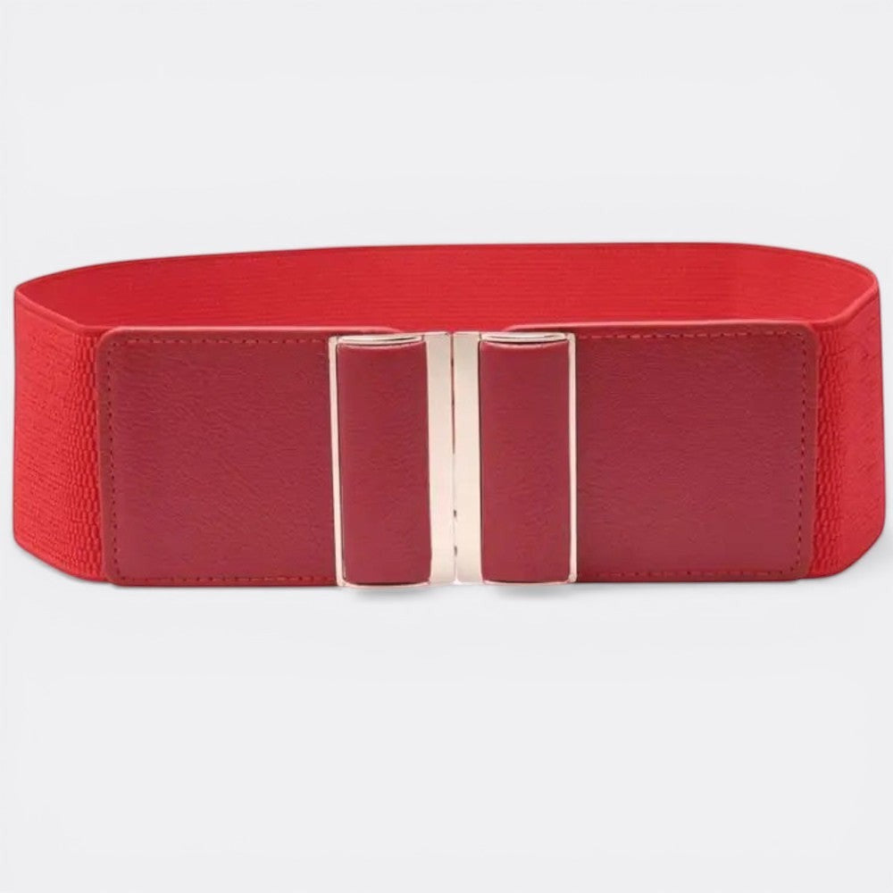 Le monde de la ceinture red elastic wide belt with gold buckle, accentuating waist for dresses and coats.
