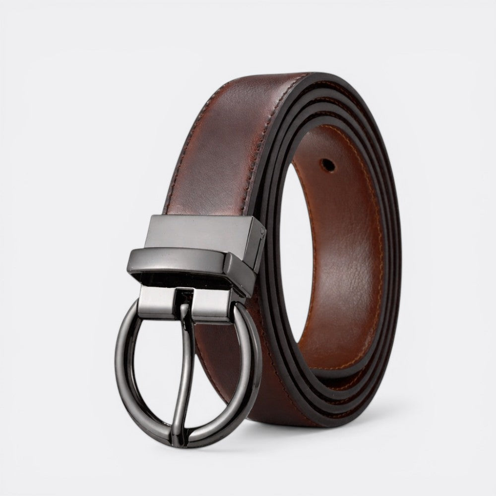Le monde de la ceinture reversible brown leather belt with gunmetal buckle for men.