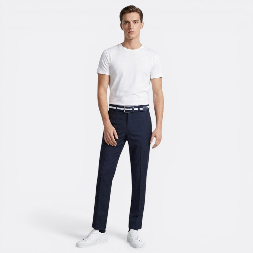 Le monde de la ceinture men's tricolor striped belt with navy blue leather trim and silver buckle.