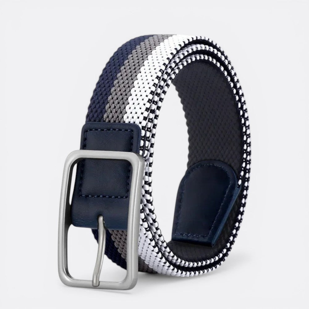 Le monde de la ceinture striped woven belt with navy, grey, white, and black bands and a silver buckle.