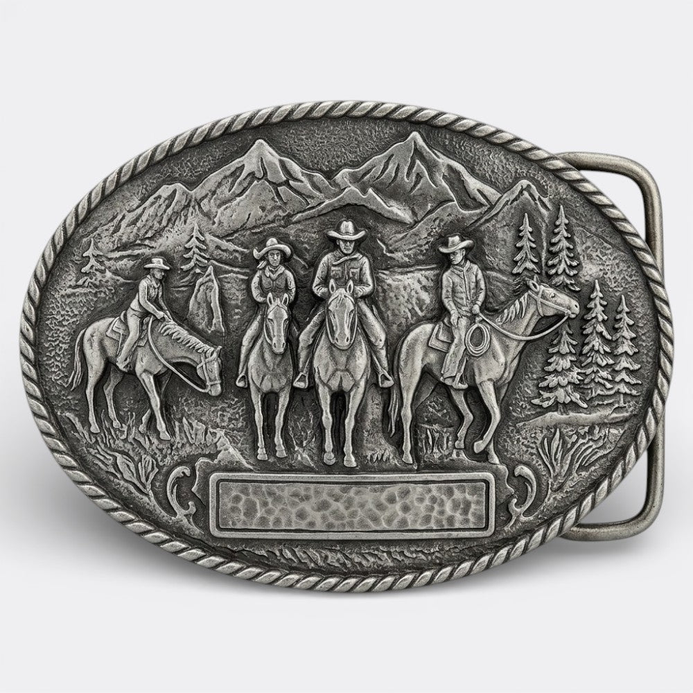 Le monde de la ceinture men's vintage cowboy buckle with horses and mountains scene, pewter finish.