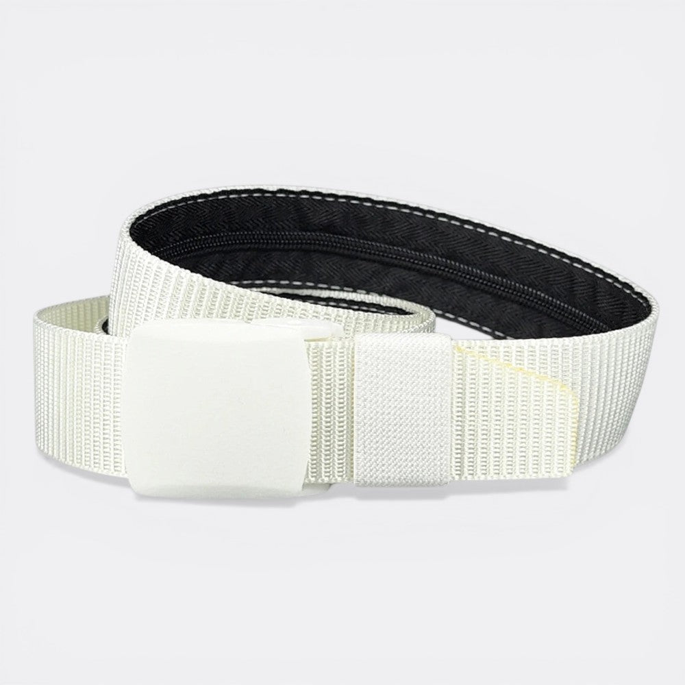 Le monde de la ceinture white nylon travel belt with hidden zipper pocket and white plastic buckle.