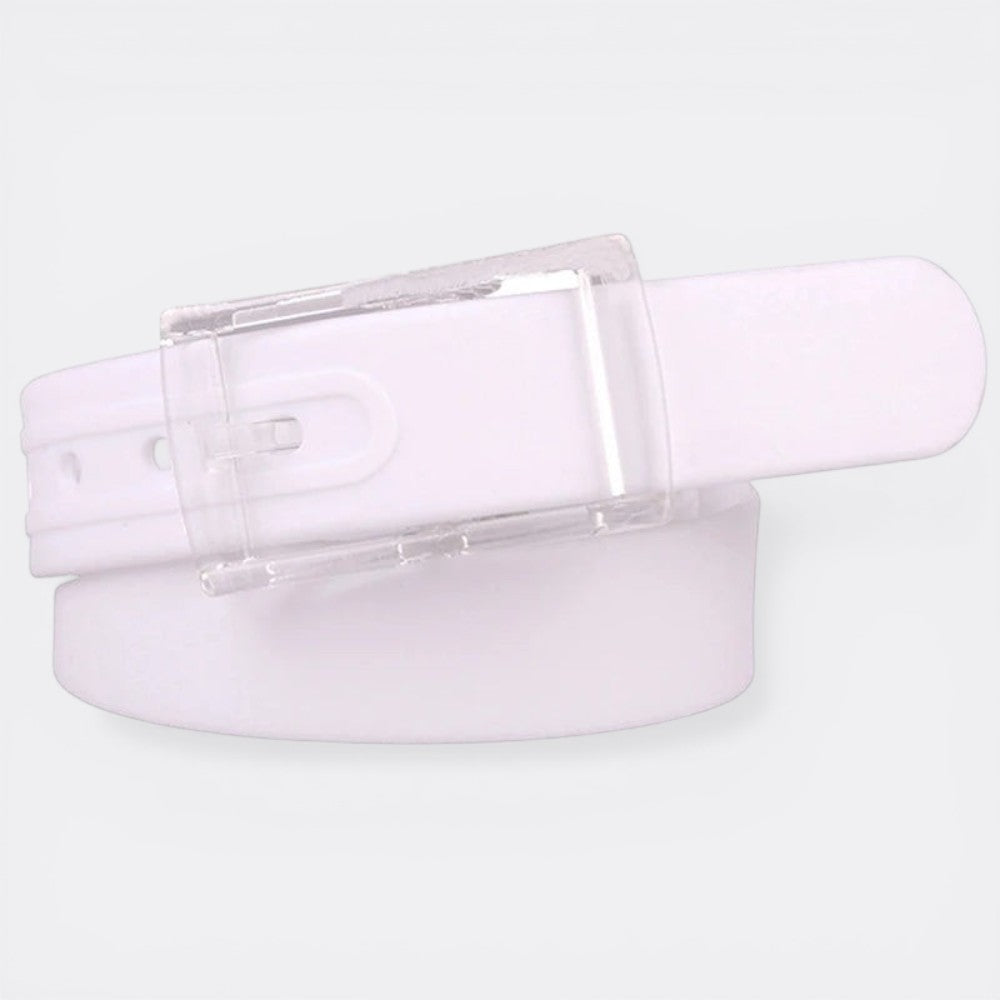 Le monde de la ceinture white plastic belt with clear buckle, adjustable and stylish accessory.