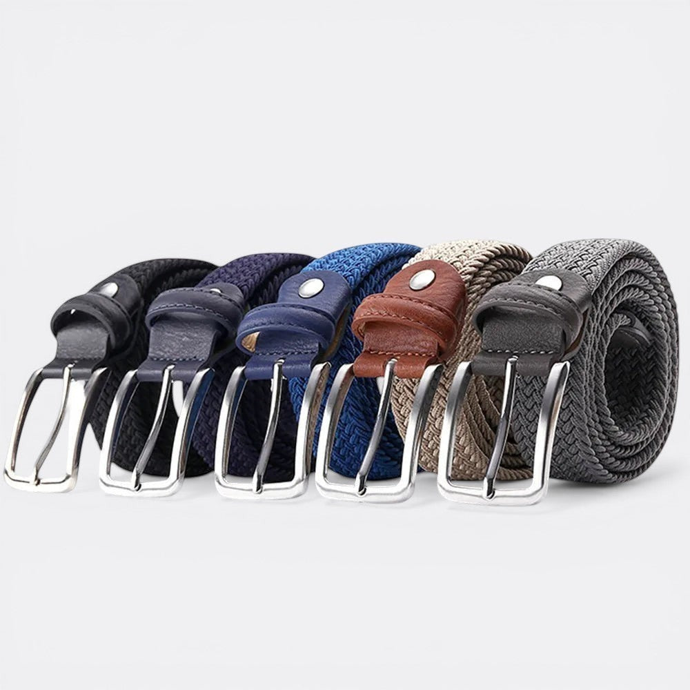 Le monde de la ceinture woven belts in black, navy, blue, tan, and grey with silver buckles.